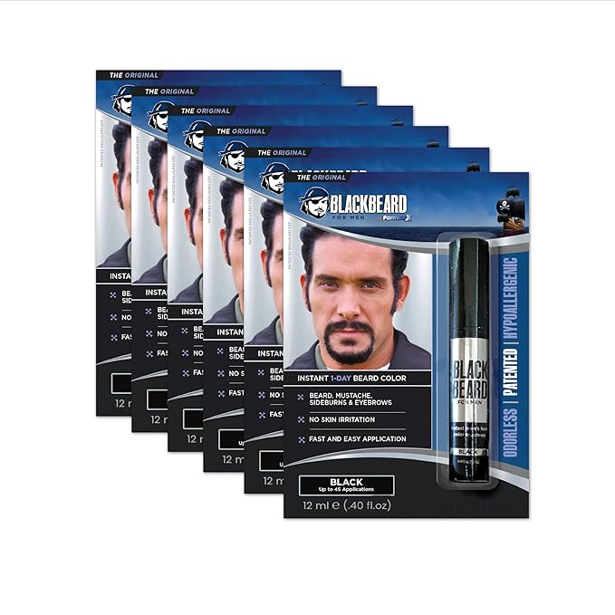 Blackbeard for Men Instant Beard Color – All Day Beard, Mustache, Eyebrow, and Sideburns Color – Temporary, Hypoallergenic Beard Dye Alternative – Up to 45 applications – Black, 6 Pack