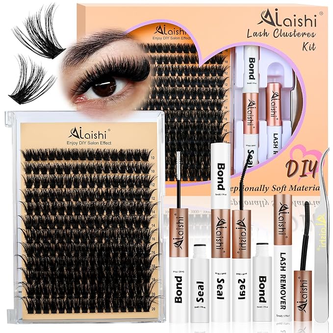 Lash Clusters Kit, DIY Cluster Eyelash Extensions 10‑20mm, 100D, 192pcs Fluffy D Curl Natural Lashes with Bond & Seal,Remover,Tweezers – Fake Cat Eye Individual Clusters