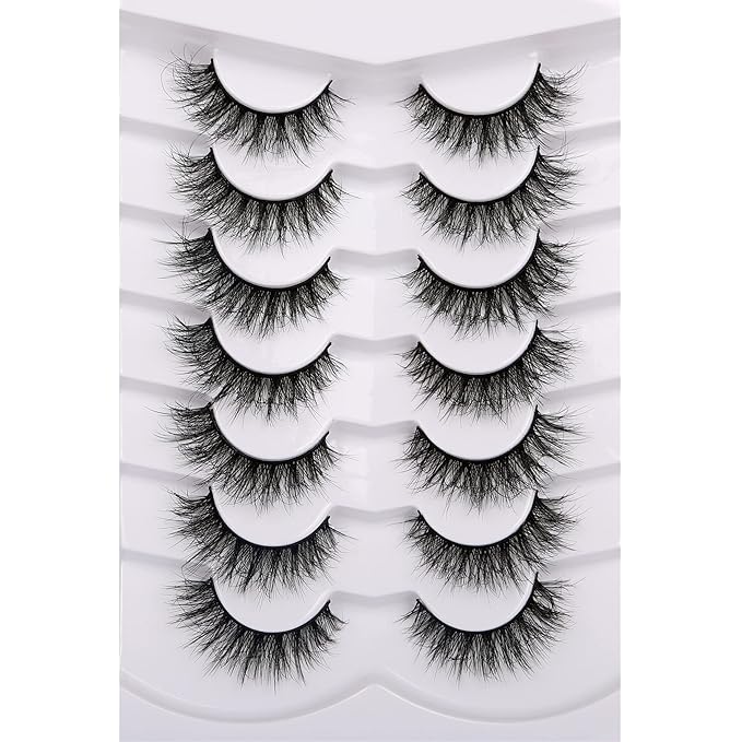 Pooplunch False Eyelashes Cat Eye Lashes 8D Volume Thick Crossed Natural Faux Mink Lashes Fake Eyelash Strips 7 Pairs Pack