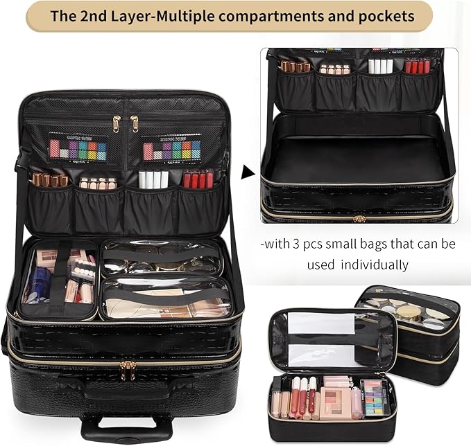 OCHEAL Rolling Makeup Train Case,with 7 Pcs Clear Makeup Bags, 18" Carry On Travel Cosmetic Organizer Suitcase,Extra Large Storage Trolley Makeup Case On Wheels for Hairstylist Cosmetology Artist