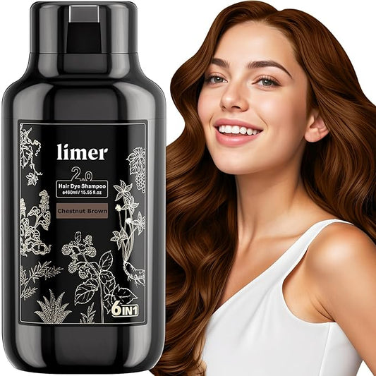 Limer Hair Dye Shampoo, Chestnut Brown 6-in-1 Natural Herbal Hair Color Shampoo, Semi-Permanent Gray Coverage with Pleasant Scent, Ammonia-Free Formula for Women & Men (460ml/15.55fl oz)