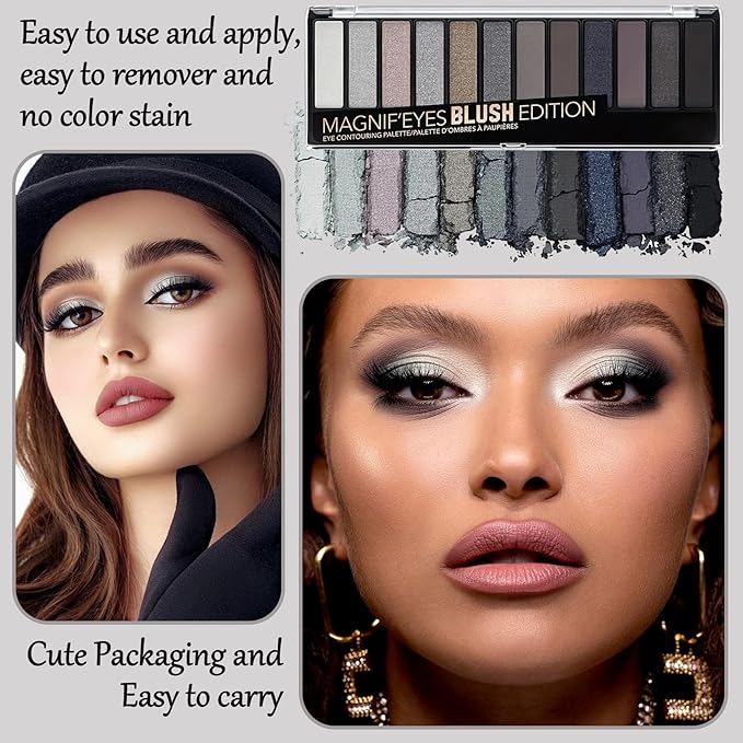 Black Grey Smoky Eyeshadow Palette,15 Colors Matte Shimmer Pigmented Eye Shadow Makeup Palette Set with 3 Eyeshadow Brushes,Glitter Eyeshadow Makeup Palette for Daily Halloween Goth Makeup(G)