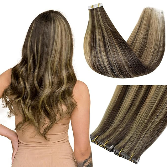 Full Shine Injected Tape in Hair Extensions 5Pcs Machine Remy Virgin Tape in Extensions Color BM Brown Seamless Invisible Extension 14 Inch Injection Human Hair Extension 10Gram Add Volume