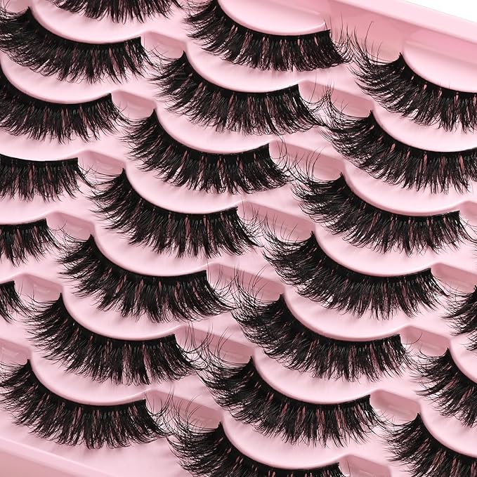 Lashes Wispy False Eyelashes Natural Fake Mink Lash Strips Cat Eye Eyelash Strip 14 Pairs Eye Lash Pack Lightweight Fluffy Cateye Lashes Soft Band 10-15mm Wispies Easy Eyelashes Natural Look