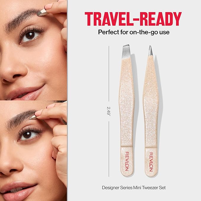 Revlon Designer Series Mini Tweezer Set, Hair Removal Tool Kit with Slant & Point Tips, Made with Stainless Steel, Stocking Stuffer for Women, 1 Count