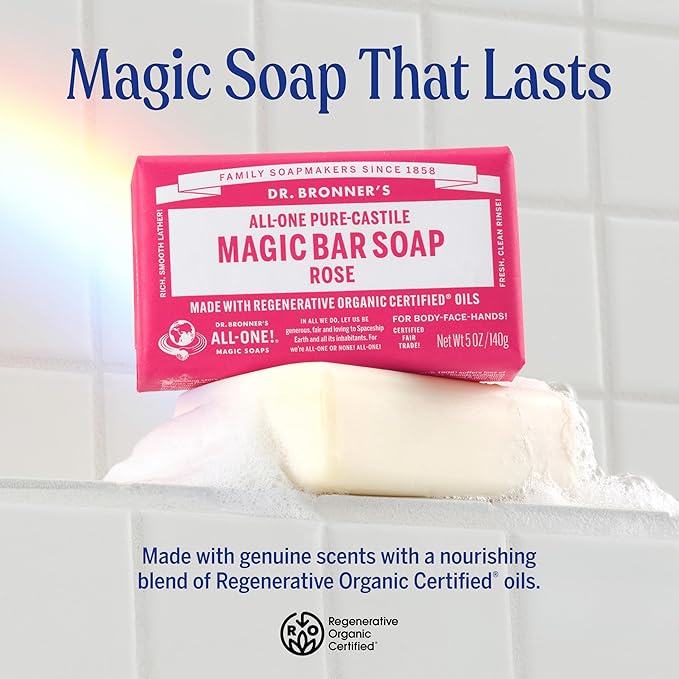 Dr. Bronner's Pure-Castile Magic Bar Soaps - Made with Regenerative Organic Certified Oils - For Face, Body, Hair- Vegan Soap Bars for Men & Women - Rose 2 pack, 5 oz