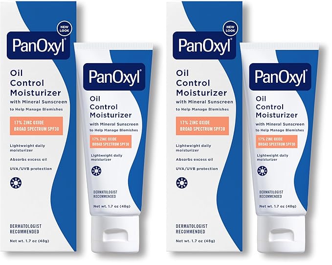 PanOxyl AM Oil Control Moisturizer, NEW Sheer Formula, Absorbs Excess Oil and Reduces Shine, with Mineral Sunscreen for Acne Prone and Oily And All Skin Tones - 1.7 oz (Pack of 2)