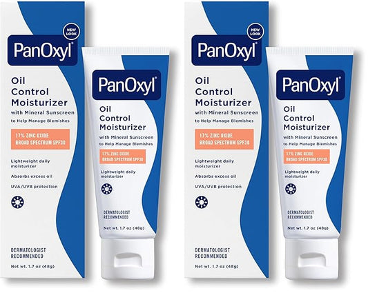 PanOxyl AM Oil Control Moisturizer, NEW Sheer Formula, Absorbs Excess Oil and Reduces Shine, with Mineral Sunscreen for Acne Prone and Oily And All Skin Tones - 1.7 oz (Pack of 2)