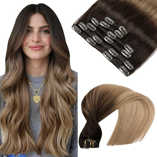 VINBAO Clip in Hair Extensions Remy Human Hair 6pcs 120g 20 Inch Balayage Dark Brown to Dirty Blonde Double No Shedding No Tangle Drawn Clip in Hair Extensions Real Human Hair (#2/6/18, 20'')