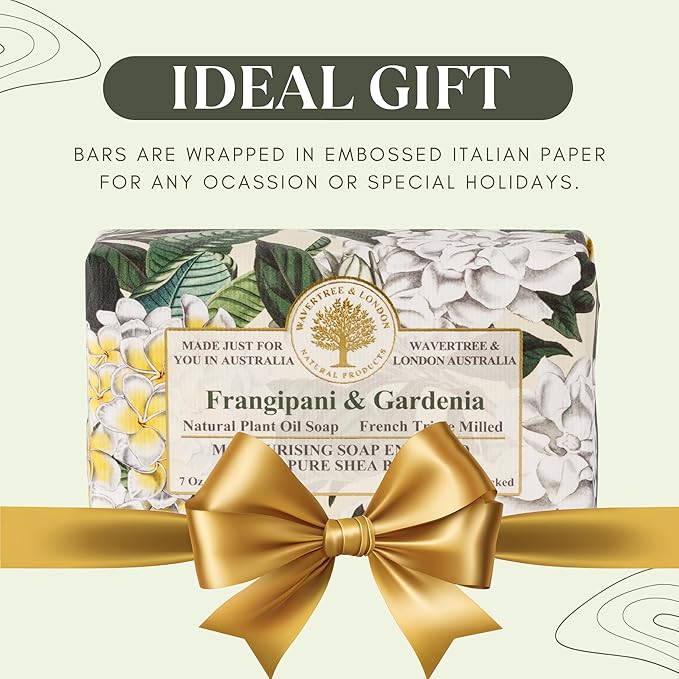 Wavertree & London Frangipani Gardenia Scented Natural Soap (2 Bars), 7oz Moisturizing French Triple Milled Soap Bars enriched with shea butter - Pure Plant Based Bath & Body Bars for All Skin Types