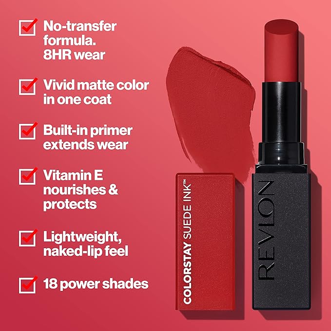 REVLON Lipstick, ColorStay Suede Ink, Built-in Primer, Infused with Vitamin E, Waterproof, Smudge-proof, Matte Color, 007 Feed the Flame, 0.09 oz. (Pack of 2)
