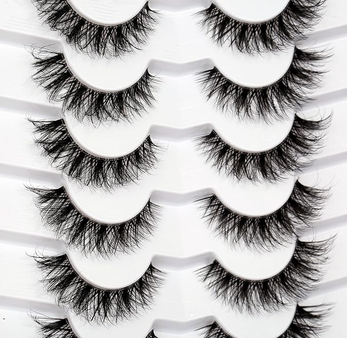 Pooplunch False Eyelashes Cat Eye Wispy Lashes Natural Short 8D Faux Mink Lashes Fake Eyelashes Strips 7 Pairs Pack