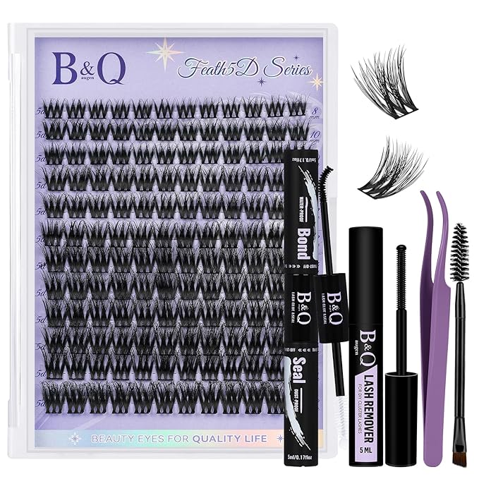 B&Q Lash Clusters Kit 144 pcs 5D Layered Volume Lash Extension Kit 8-18 mm Feathery Soft Lightweight Eyelash Clusters with Waterproof Bond and Seal Eyelash Applicator Remover (Set-Feath5D 02)