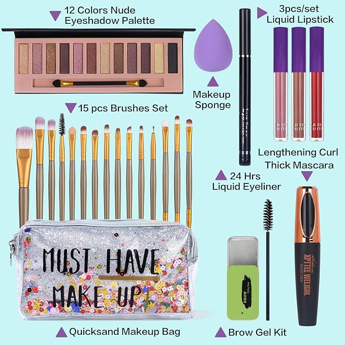All in One Makeup Set For Women Full Kit - 12 Colors Eyeshadow Palette, Black Mascara Eyeliner Pen, 3pcs Matte Liquid Lipstick, Eyebrow Soap Gel Kit, 12 pcs Brushes & Sponge with Makeup Bag Gift Set