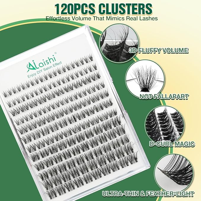 Lash Clusters Kit, DIY 3D Cluster Eyelash Extensions 10‑18mm,120pcs Fluffy D Curl Soft Natural Lashes with Bond and Seal,Remover,Tweezers–Fake Cat Eye Wispy Individual Clusters MIX1-1-L