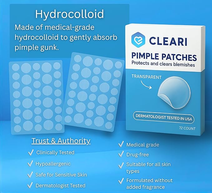 CLEARI Pimple Patches, Invisible 2MM Covers for All Skin Types, Dermatologist Tested,Pore Cleansing, Day & Night, 2 Sizes, 72 Thin Acne Patches for Face and Skin