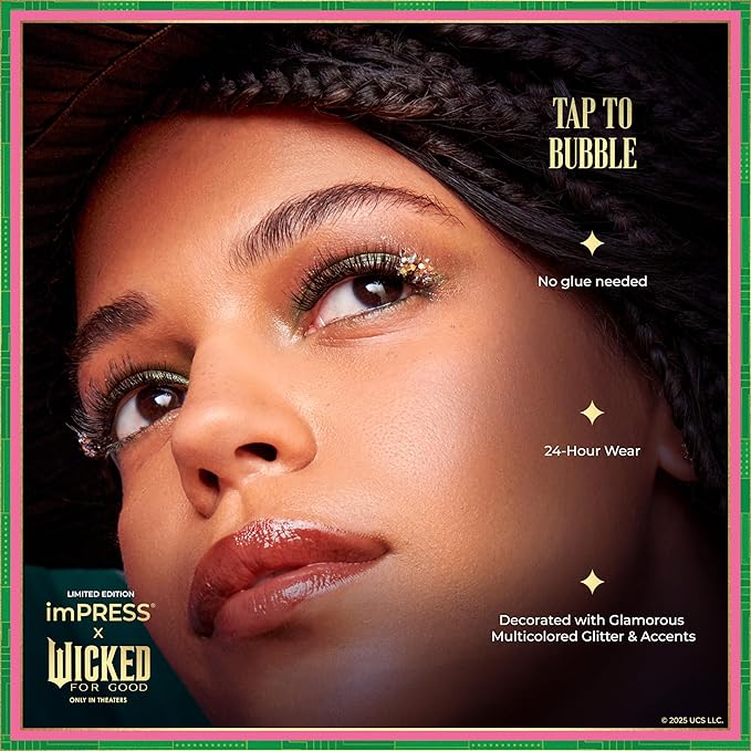 imPRESS X WICKED: FOR GOOD Press On Self Adhesive Eyelashes, ‘Tap to Bubble’, 8mm-10mm Natural Volume Press On Lashes, Multicolored Glitter, 12 Lash Clusters & Non-Stick Mini Applicator