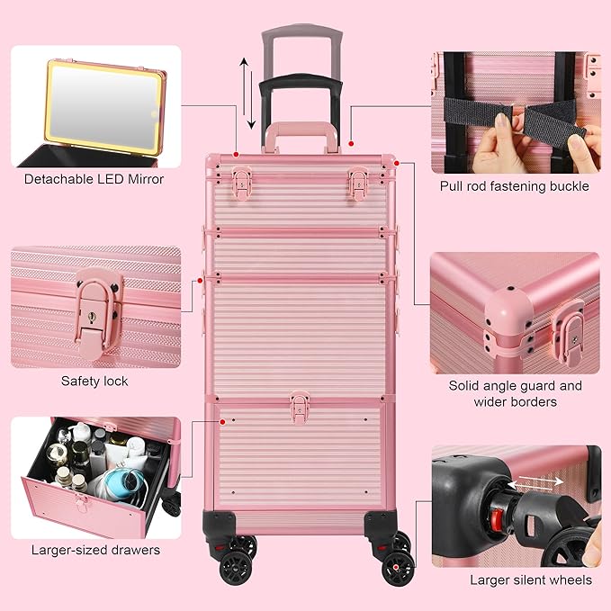 Makeup Train Case with LED Mirror, Rolling Makeup Case with Drawers, Cosmetology Case on Wheels, Gift, Travel Makeup Organizers, Profesional Cosmetic Case for Salon Barber,Nail, Tattoo, Pink