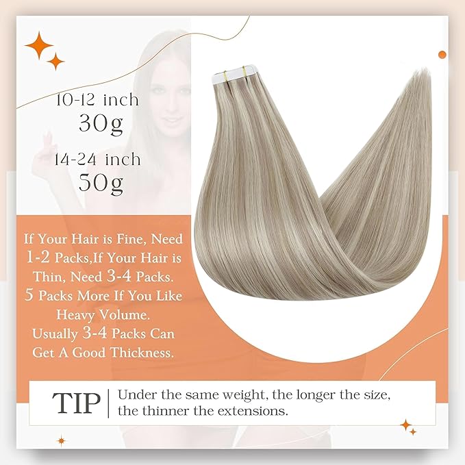 Full Shine Tape in Hair Extensions Human Hair Blonde Tape in Extensions Color 18 Ash Blonde Highlighted 613 Blonde 18Inch Seamless Invisible Skin Weft 100G for Wedding 40Pcs