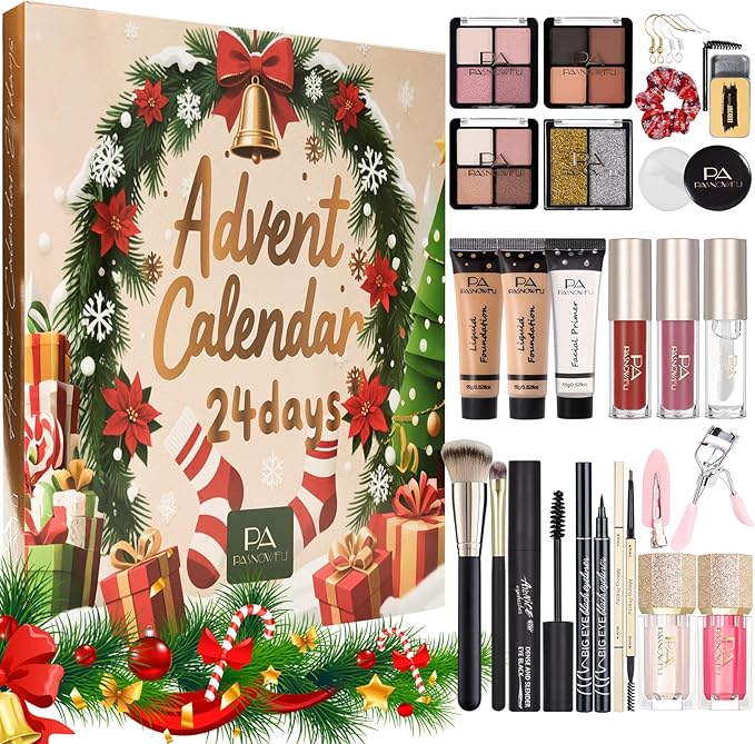Makeup Advent Calendar 2025,24 Days Christmas Beauty Countdown Calendar Christmas for Women Teen Girl, 2025 Xmas Countdown Calendar Full Makeup Kits Mascara Lipstick Blush Eyeline Brush