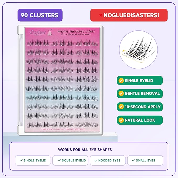 Pre Glued Lash Clusters Daily Individual Eyelashes No Glue Needed Self Adhesive Wispy Volume False Lashes,Premium Tweezers and Extra Travel Glue 90PCS