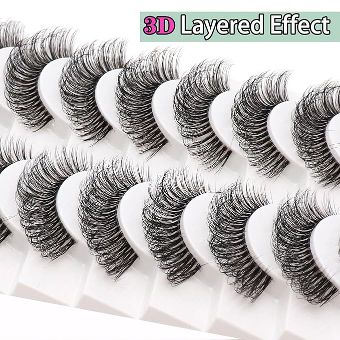 Veleasha Russian Strip Lashes with Clear Band Looks Like Eyelash Extensions D Curl Lash Strips 10 Pairs Pack (DT02)