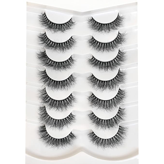 Pooplunch False Eyelashes Natural Volume 8D Faux Mink Lashes Wispy Short Fake Eye Lashes Strips 7 Pairs Pack