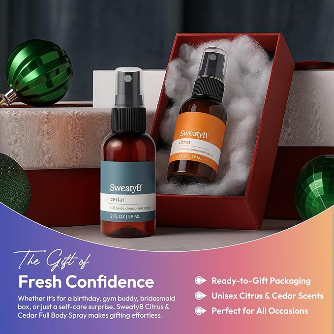 SweatyB® deodorant spray - Odor Protection with whole body deodorant for women & men - Travel Size, Skin-Safe, Vegan & Made in USA - Citrus & Cedar spray - 2 Oz - Pack of 2