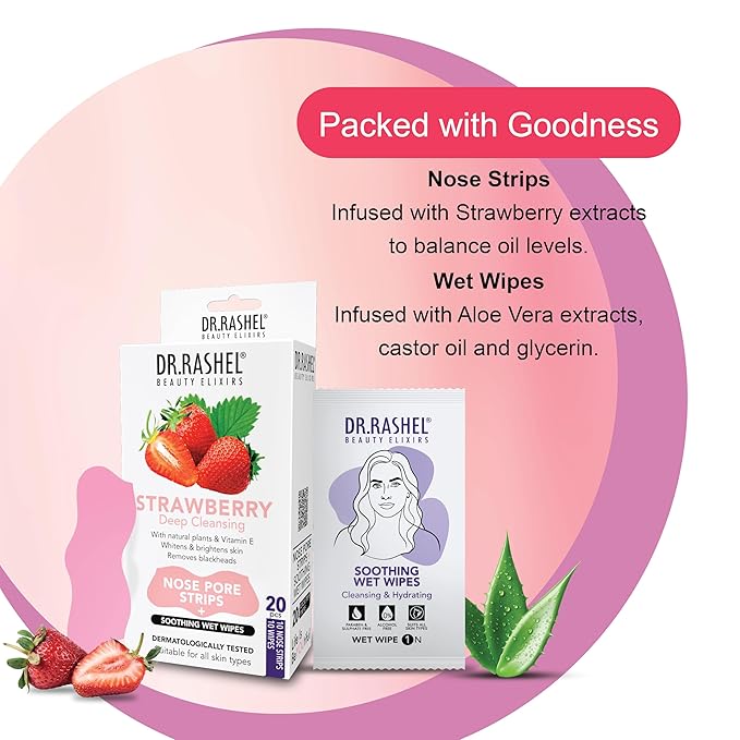 DR.RASHEL Strawberry Nose Pore Strips For Pore Cleansing, Instant And Painless Blackheads Removal | Deep Purifying Blackhead Remover Strips for Nose | 20 PCS (10 Strips & 10 Wipes)