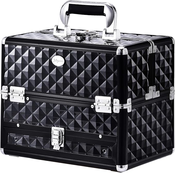 Joligrace Makeup Train Cases Professional Travel Makeup Cosmetic Cases Organizer Portable Box with Drawer Black