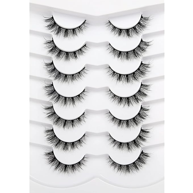 Pooplunch False Eyelashes Cat Eye Lashes Natural Cluster Extension Look Wispy Short Volume 8D Faux Mink Lashes Fake Eyelashes Strips 7 Pairs Pack