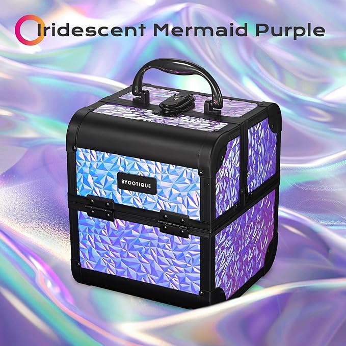 BYOOTIQUE Professional Makeup Case with Mirror 2-Tier Trays Mermaid Cosmetic Storage Box Lockable Jewelry Organizer for Nail Bar Beautician Salon Barber Hairstylist Travel,Mermaid Purple