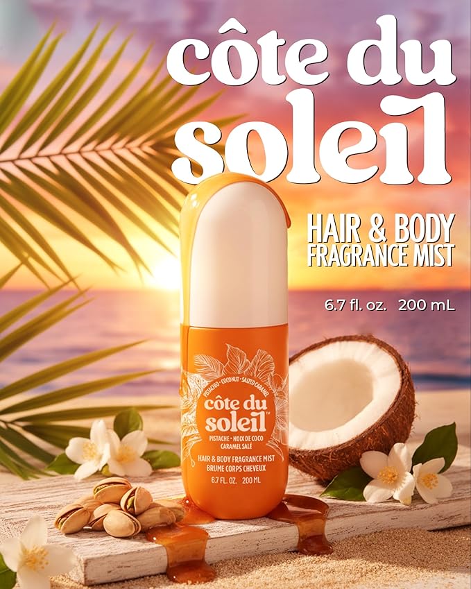PB ParfumsBelcam Côte du Soleil Pistachio Coconut Caramel Hair & Body Fragrance Mist – Warm Beachy Gourmand Spray with Jasmine – All Day Hair Perfume & Refreshing Body Spray, 6.7 fl.oz