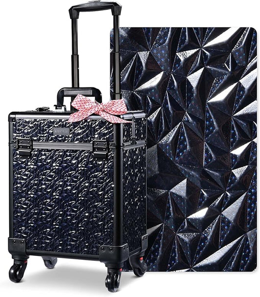 BYOOTIQUE Rolling Makeup Train Case on Wheels Large Cosmetic Travel Organizer Eyelash Storage Box for Nail Tech Beauty Salon Manicurist Barbershop,Mermaid Black
