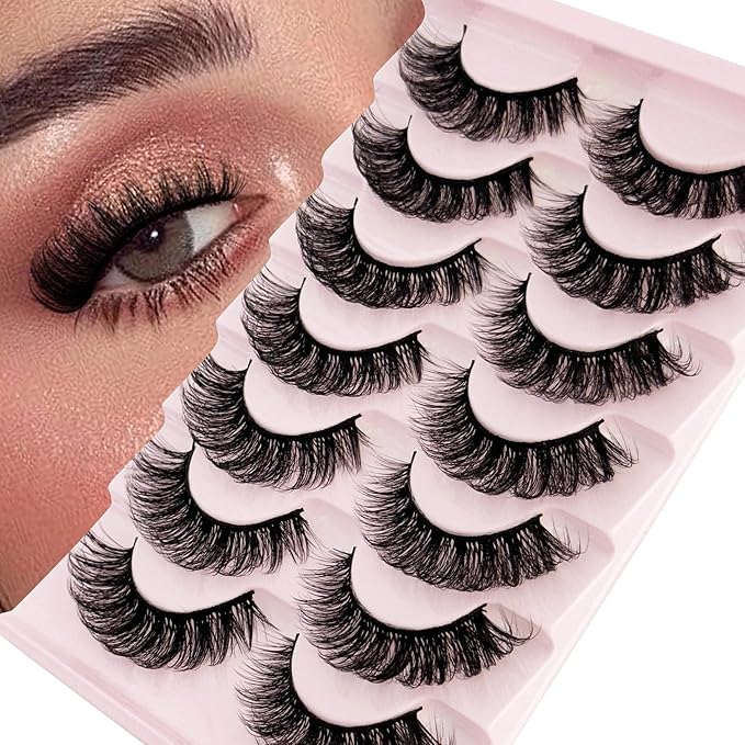 Short Lashes Natural Look D Curl 8-14mm Mink Eyelashes Fluffy that Look Like Extensions Strip False Volume Lash Pack Full 7 Pair Wispy Cat Eye Mega Double Stacked Thick Eyelash Small Fake Lashes