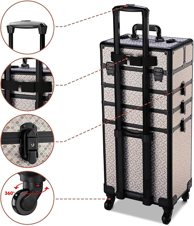 BYOOTIQUE Rolling Makeup Train Case 4in1 Professional Travel Art Deco Graphite