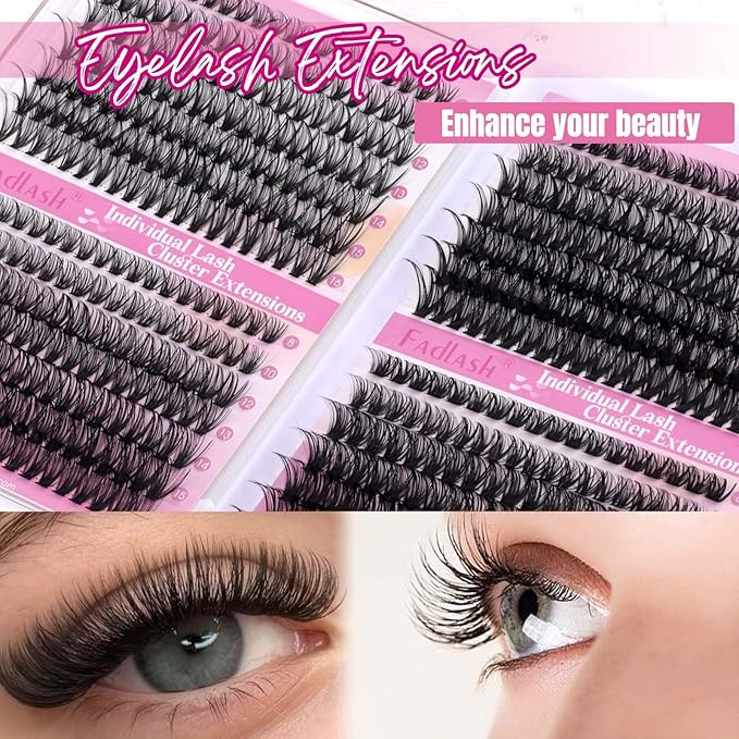 FADLASH Lash Clusters 30D+40D+50D+60D Eyelash Clusters 560PCS Individual Lashes D Curl Natural Lashes Clusters 8-16mm Wispy Cluster Eyelash Extensions for Beginners