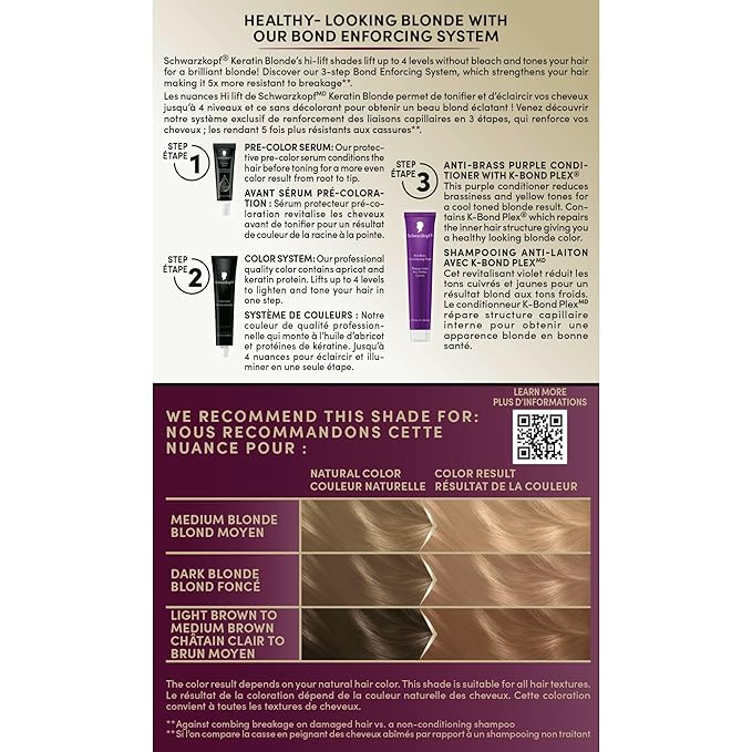Schwarzkopf Keratin Blonde Hair Dye, 11.4 Pearl Blonde, Professional Quality Hi-Lift Permanent Hair Color, Bond Enforcing System Helps Prevent Breakage* Pre-Color Serum & Purple Conditioner Included
