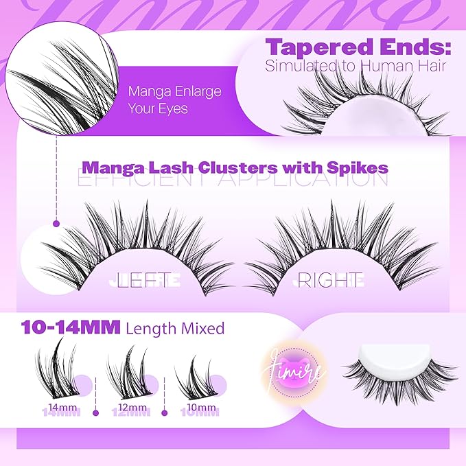 JIMIRE Manga Lash Clusters Kit Wispy Eyelash Clusters Kit Natural Look 10-14MM Fairy Cluster Eyelash Extensions with Spiky 110Pcs Manga Lash Extension Kit with Bond and Seal Lash Glue