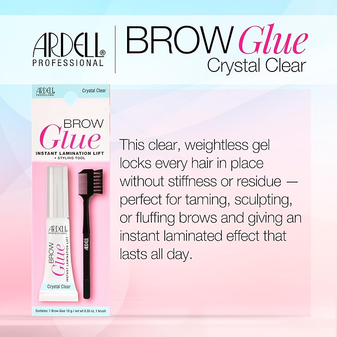 Ardell Brow Glue Crystal Clear - Instant Lamination Brow Gel with Styling Brush, All-day Extreme Hold Eyebrow Gel Clear for Fluffy, Defined Brows, 0.35 oz