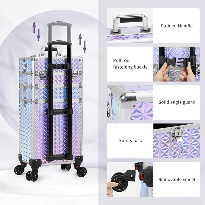 AROUS Rolling Makeup Train Case with 3 Drawers, Cosmetology Case on Wheels Nail Trolley Cart Salon Station Organizer Cases for Nail Tech, Face Painting,Hairstylist, Makeup Artist, Silver