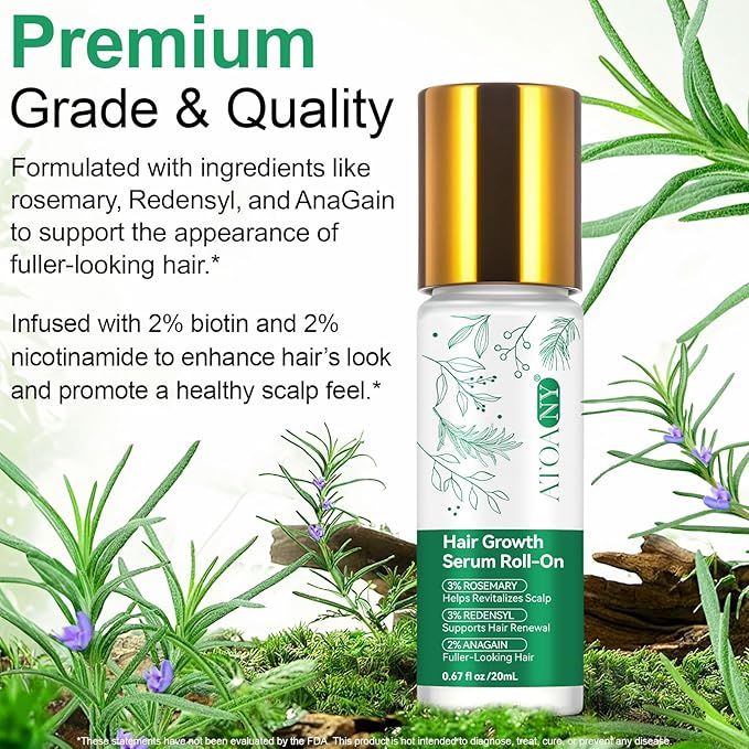 Rosemary Hair Growth Serum Roll On, Hair Thicker Serum with 3% Rosemary, 3% Redensyl & 2% Anagain, Scalp Serum, Reduces Hair Fall & Follicle Strengthener, Thicker, Fuller Hair, All Hair Types (2PCS)