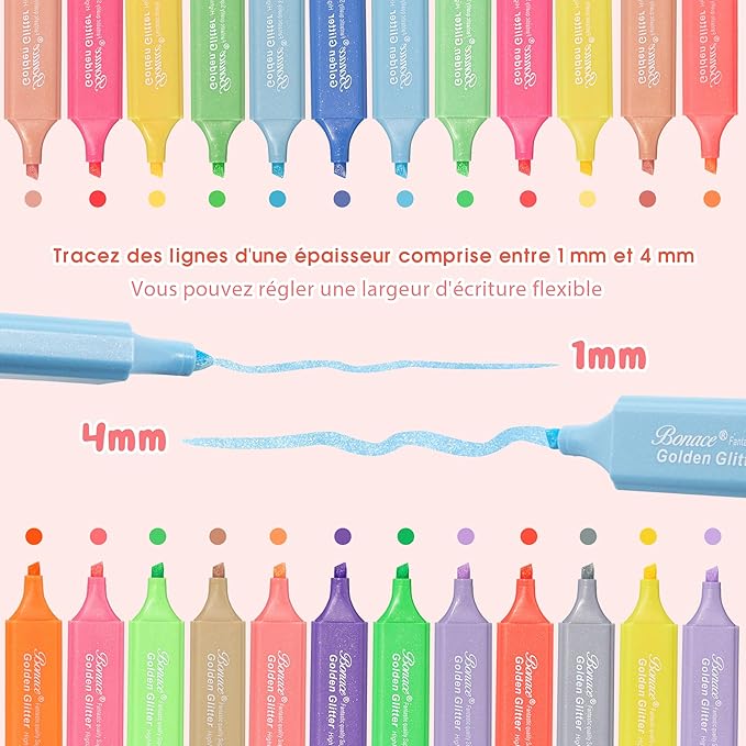 Gold Glitter Highlighters - Chisel Tip, No Bleed, Assorted Colors - 24 Pack Metallic Colors Cute Highlighter Markers, Pastel Highlighters for Journaling and School Supplies for Girls