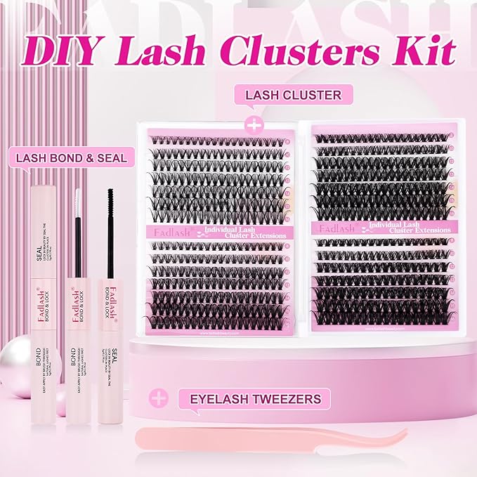 FADLASH Lash Clusters Kit 560Pcs Eyelash Clusters Kit 8-16mm Individual D Curl Cluster Eyelash Extensions with Lash Bond and Seal Lash Tweezers (30D+40D+50D+60D Kit 8-16mm)