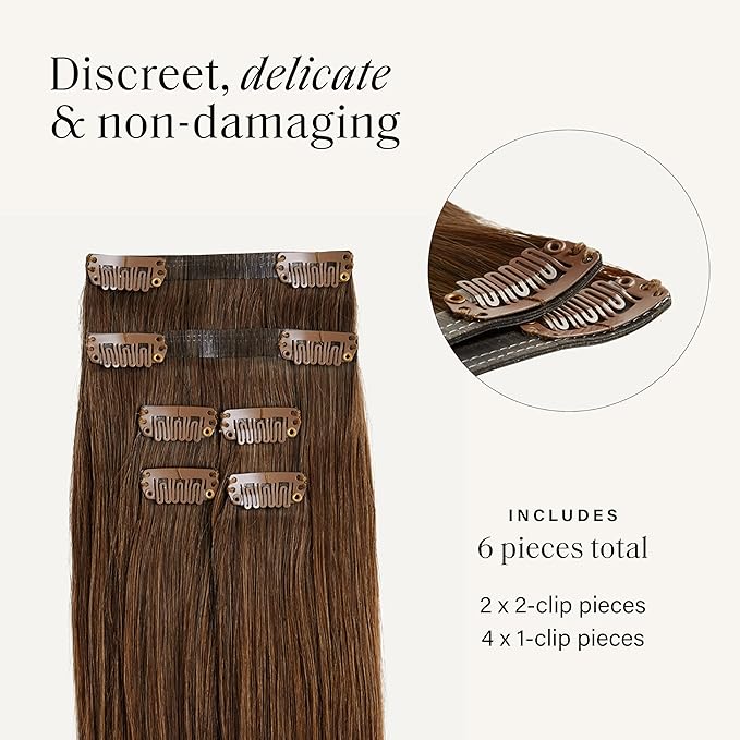 Luxy 100% Remy Human Hair Extensions for Thin Hair Thinning Hair Fill-Ins – 6 Seamless Wefts Multi-Dimensional Color Blend - Natural-Looking Volume & Coverage 95 grams 20" Chestnut Brown Thinning