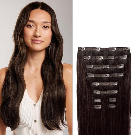 Luxy 100% Remy Human Hair, Classic 160g Clip-In Hair Extensions - 10 Wefts Multi-Dimensional Color for Natural Blending, Adds Volume & Length, Easy Apply & Remove 16" Dimensional Rooted Espresso Brown