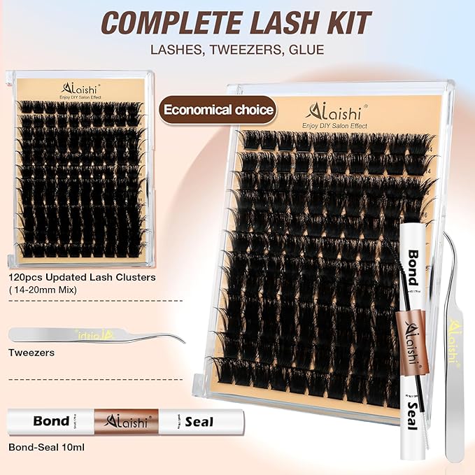 Lash Clusters Kit, DIY Cluster Eyelash Extensions 14‑20mm, 200D, 120pcs Fluffy D Curl Natural Lashes with Bond & Seal,Tweezers–Fake Cat Eye Individual Clusters