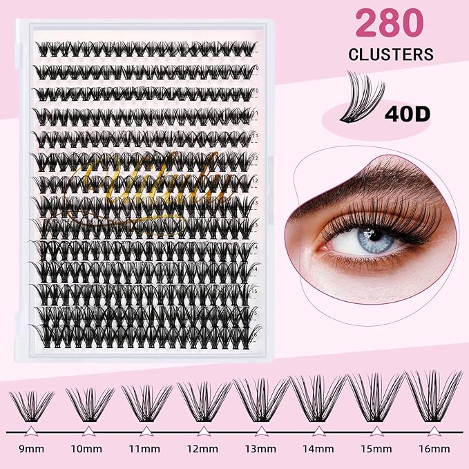Lash Clusters Kit for DIY Lash Extension at Home, 40D False Eyelashes Set with Bond and Seal, Remover, Tweezers, D Curl Wispy Individual Clusters Eye Lash Extensions Kit (40D DIY Lash Kit)
