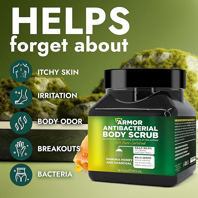 Exfoliating Body Scrub with Antibacterial Formula | Body Scrub Kills 99.9% of Germs & Bacteria | Manuka Honey & Charcoal | Deep Cleansing & Purifying for Smooth, Fresh, Healthy Skin | 16 fl oz Jar