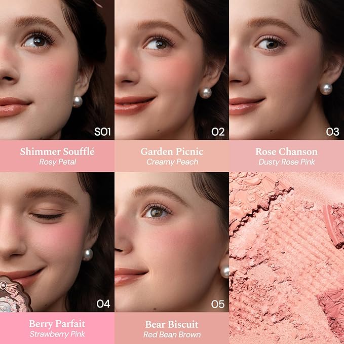 Flower Knows The Sweetie Bear Collection Silk Satin Blush,Seamless Soft Blendable Pressed Powder Pink Blush,Long Lasting Formula for Shimmery Radiant Glow,0.18 Oz(01 Shimmer Soufflé)